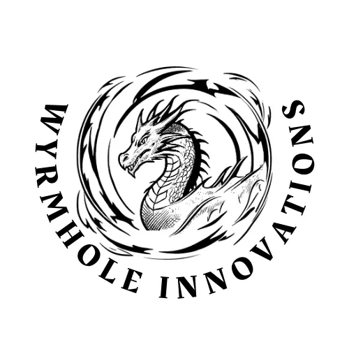 Wyrmhole Innovations logo featuring a dragon in a black and white swirling design